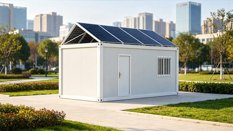 Solar container house with PV roof in a landscaped urban setting