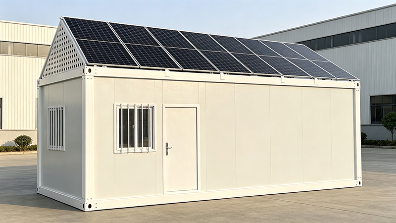 White container house with solar panels on a pitched roof at the factory yard