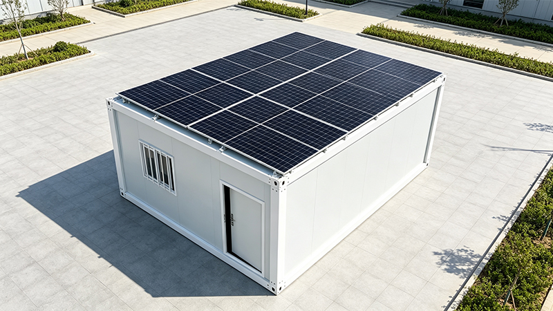 Grey solar container house with PV roof on a paved base
