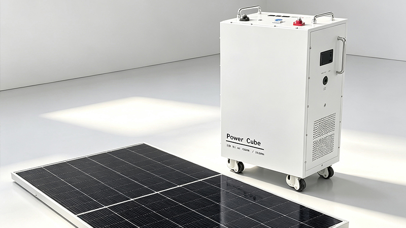 Power Cube 5.12 kWh LiFePO4 battery storage with solar PV panel