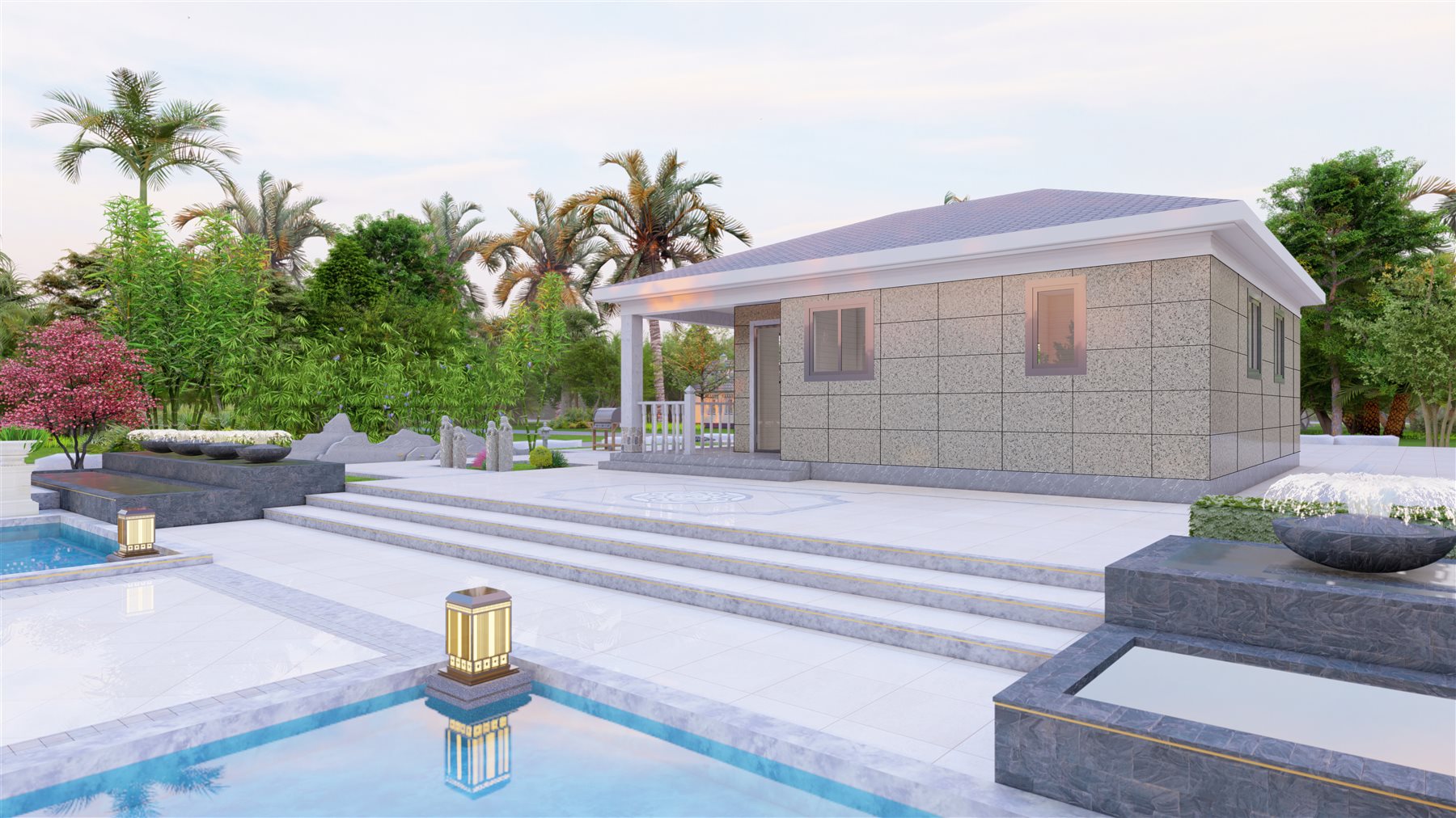 Courtyard water feature with bamboo and palm planting beside the light steel villa