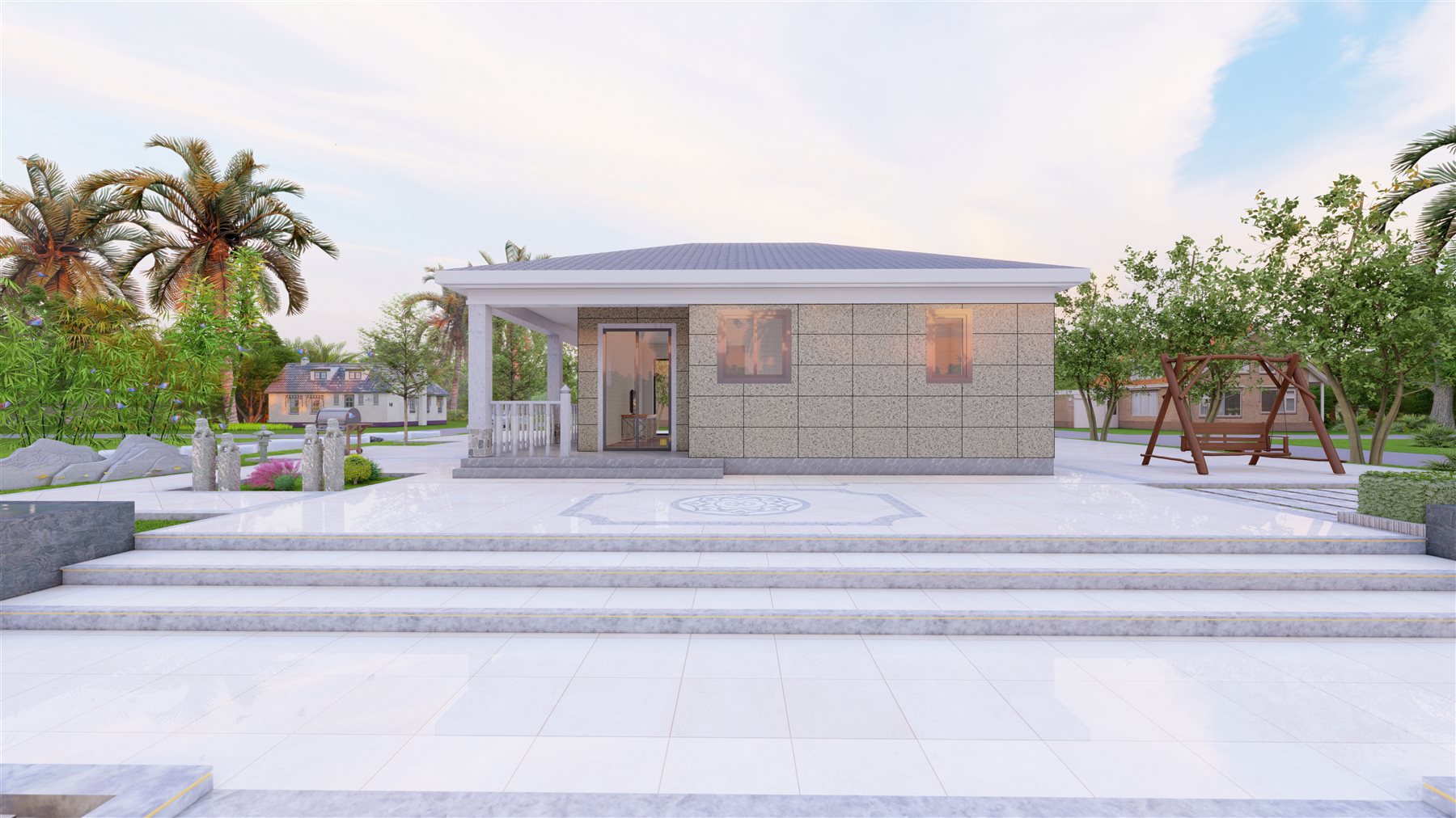 Garden side of the light steel villa with marble paving and planted courtyard