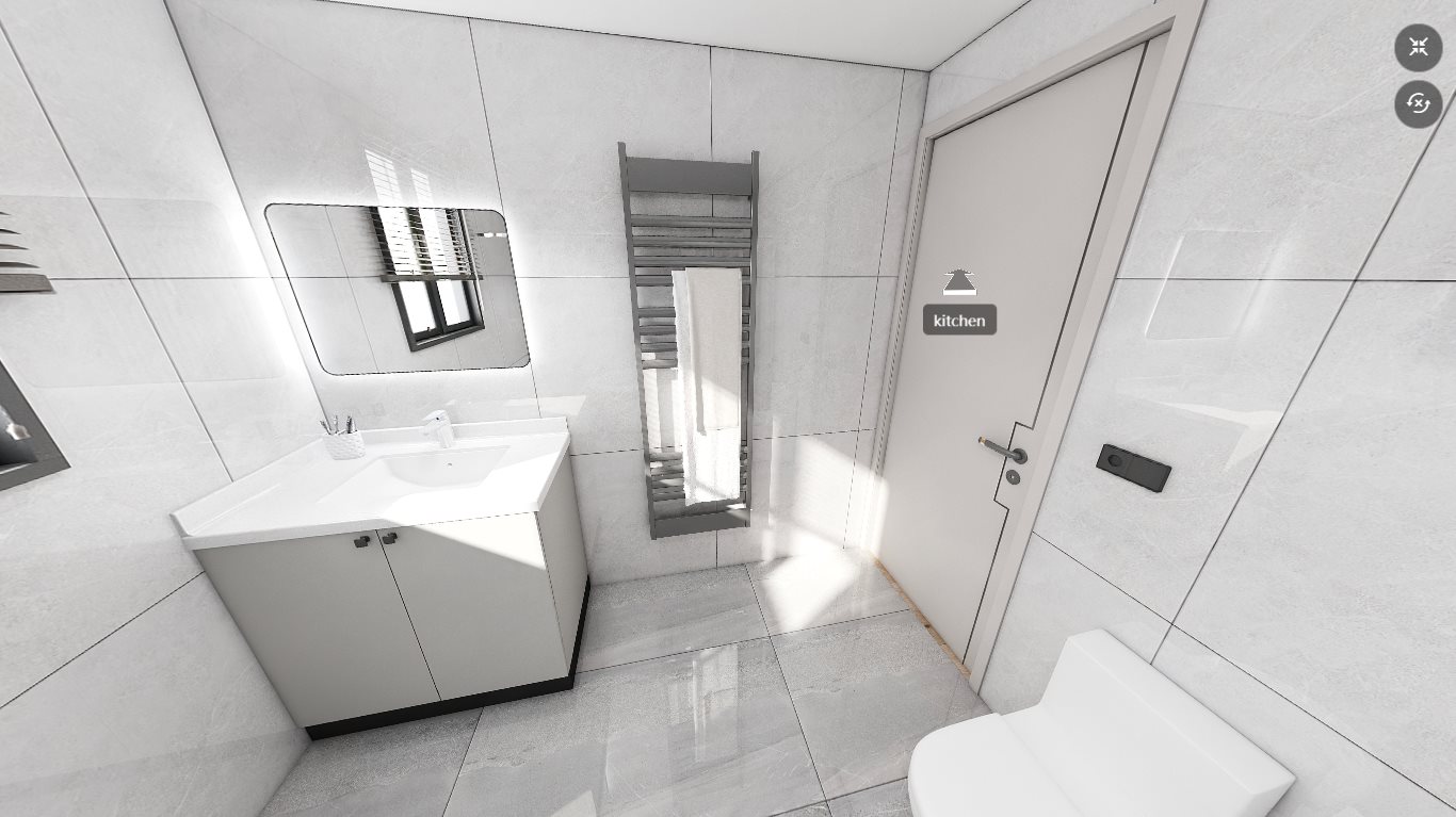Bathroom with vanity, heated towel rail and toilet in the light steel villa