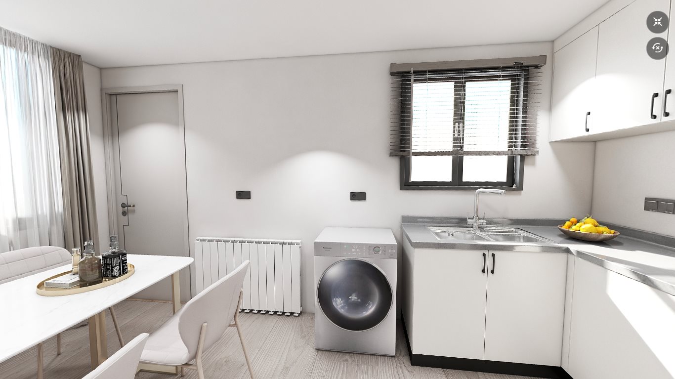 Kitchen-dining area with dining table and washing machine in the light steel villa