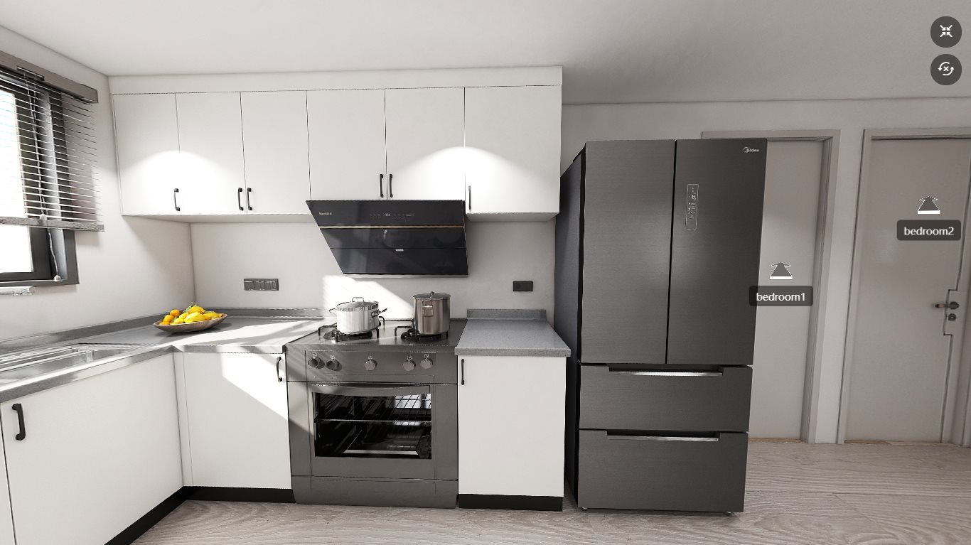 Kitchen with white cabinets, extractor hood and fridge in the light steel villa
