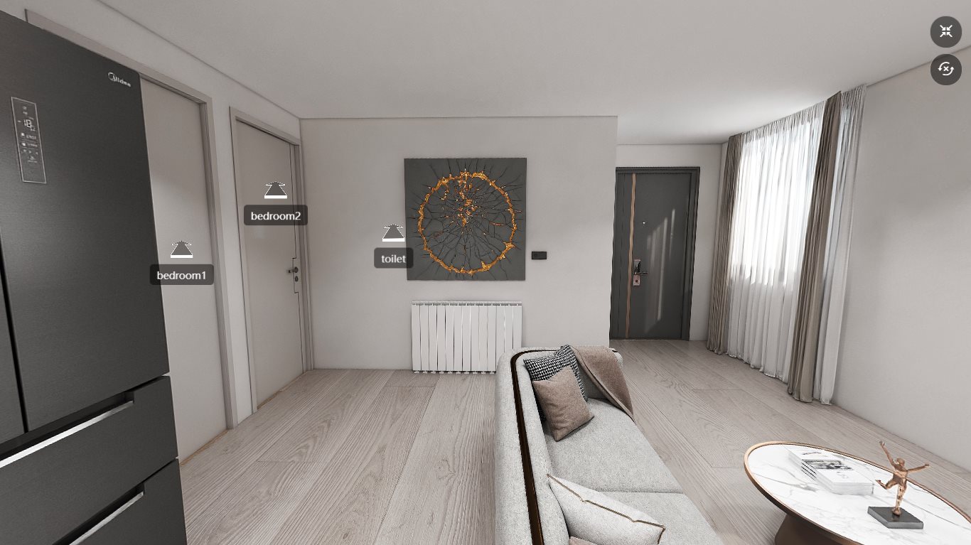 Living room of the light steel villa with sofa, radiator heating and doors to the bedrooms